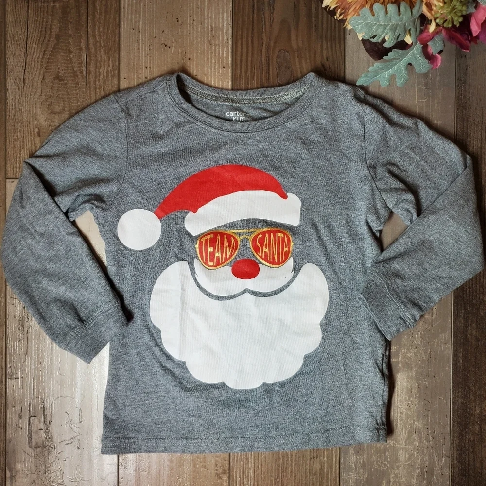 Carter's Kid Size 5/5A Gray Team Santa Cotton Graphic Print Long Sleeve Tee NWOT